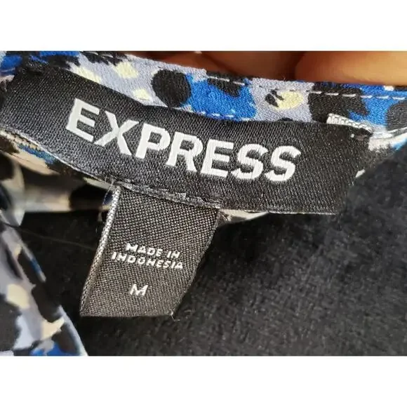 Express Blouse Top Womens Medium Blue Abstract Print Long Sleeve V-Neck Pullover - Picture 2 of 13